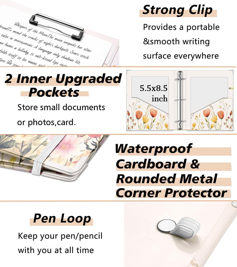KLLVE Mini Binder Organizer for 5.5" x 8.5" Paper ，1 Inch 3 Ring Binder with Clipboard, 5-Tabs Pockets Dividers, Plastic Folder, 18 Divider Stikers, Pen Loop (Weed, Half Letter Size) - Image 4